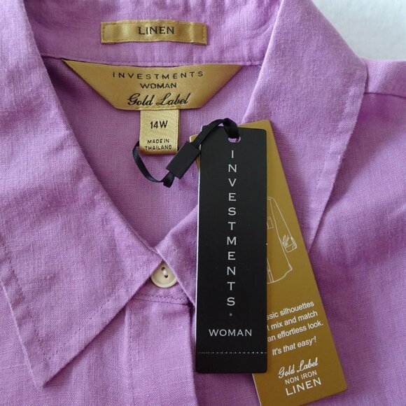Investments Linen Blouse Top Women's 14W Purple Roll Tab Sleeves - Picture 6 of 9